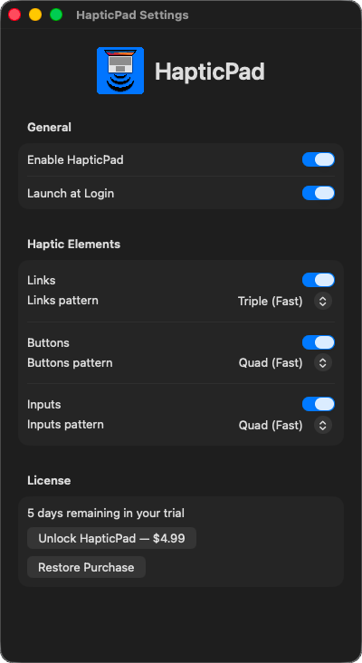 HapticPad settings panel